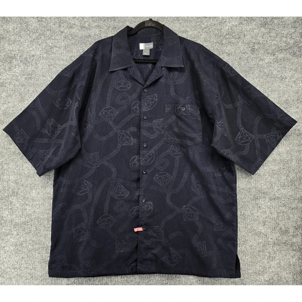 God Body Black Label Button Up Shirt Mens 2XL Navy Diamond Chain Print Short Slv
